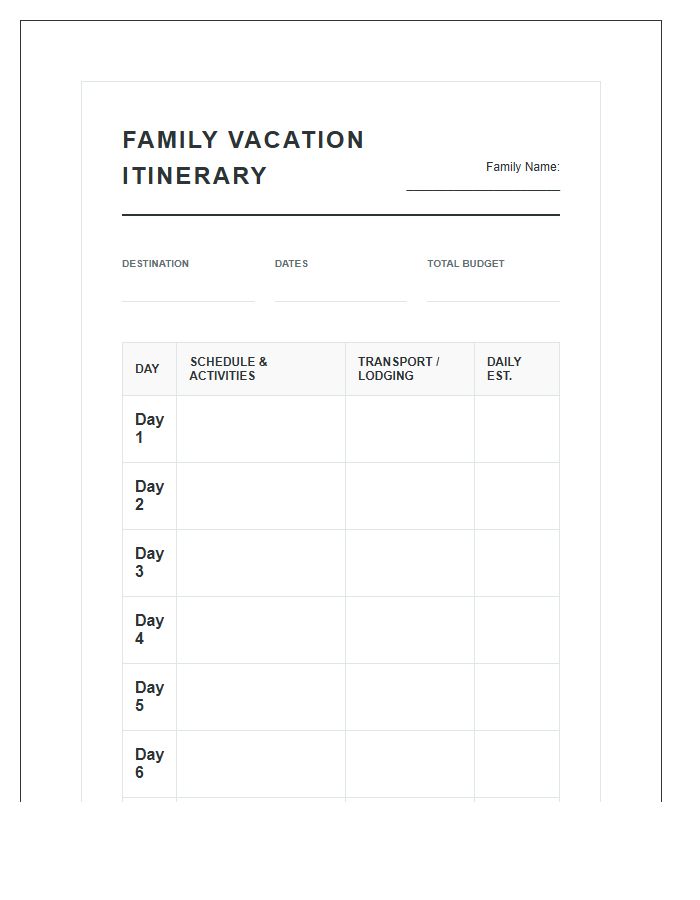 Family Vacation Travel Itinerary Tracker Printable Chart