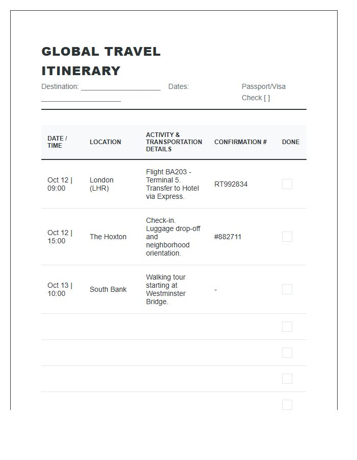 Global Travel Itinerary Tracker Printable Chart