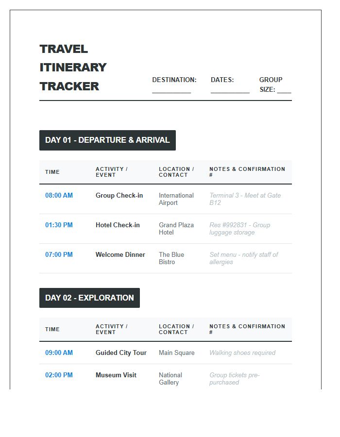 Group Travel Itinerary Tracker Printable Chart