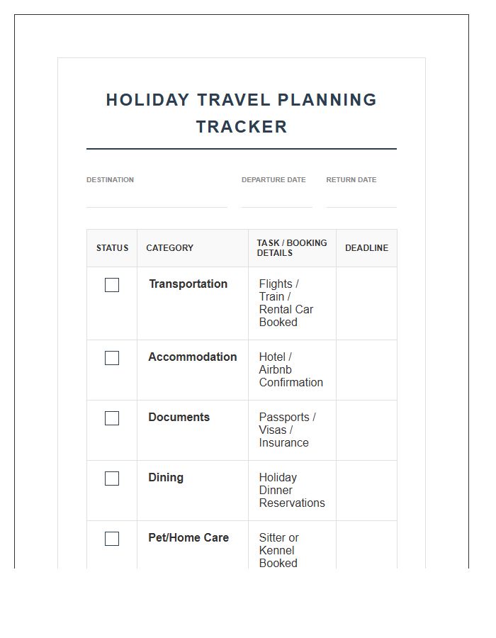 Holiday Travel Planning Tracker Printable Chart
