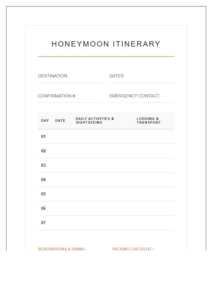 Honeymoon Travel Itinerary Tracker Printable Chart