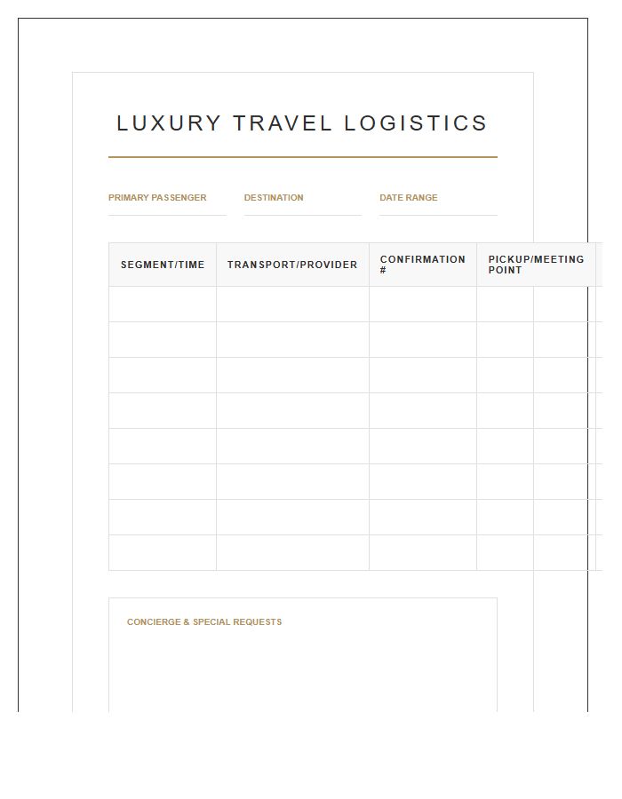 Luxury Travel Logistics Tracker Printable Chart