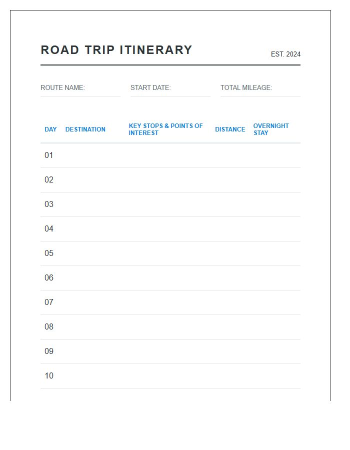 Road Trip Itinerary Tracker Printable Chart