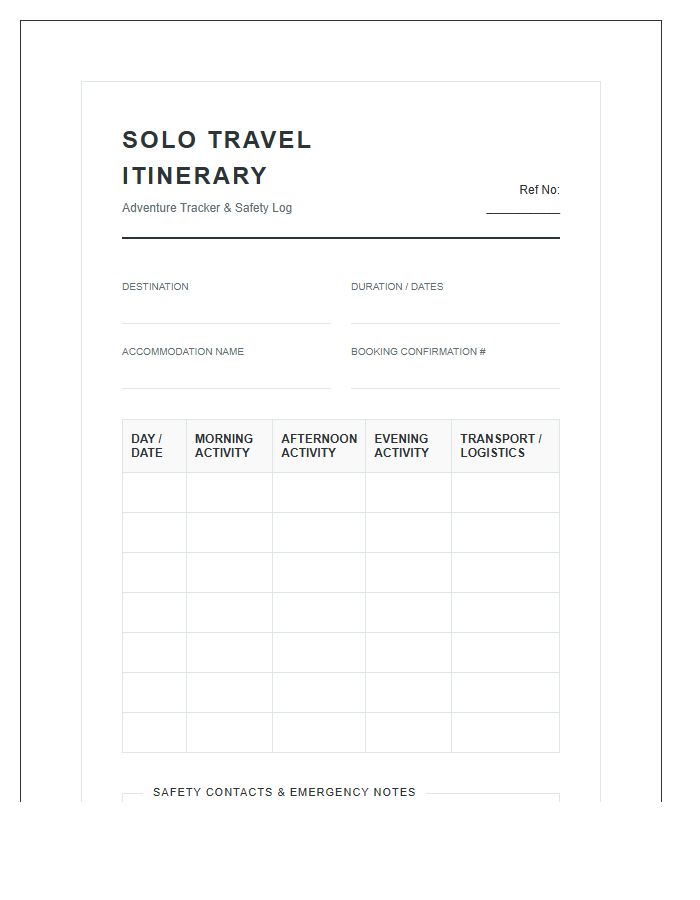 Solo Travel Itinerary Tracker Printable Chart