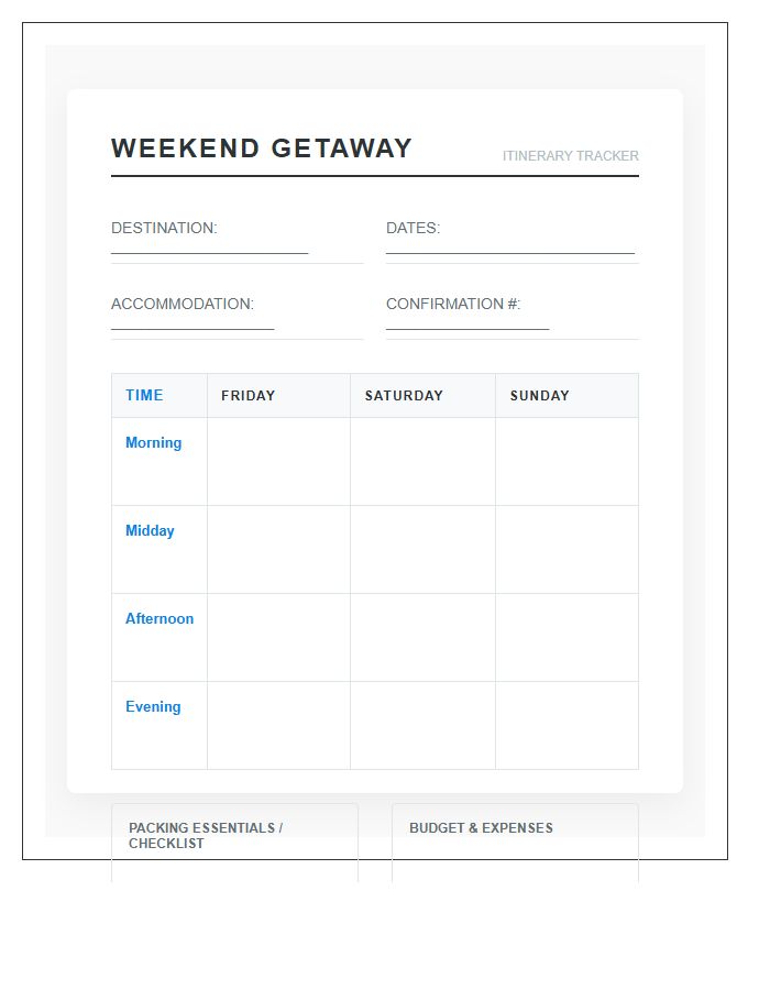 Weekend Getaway Itinerary Tracker Printable Chart