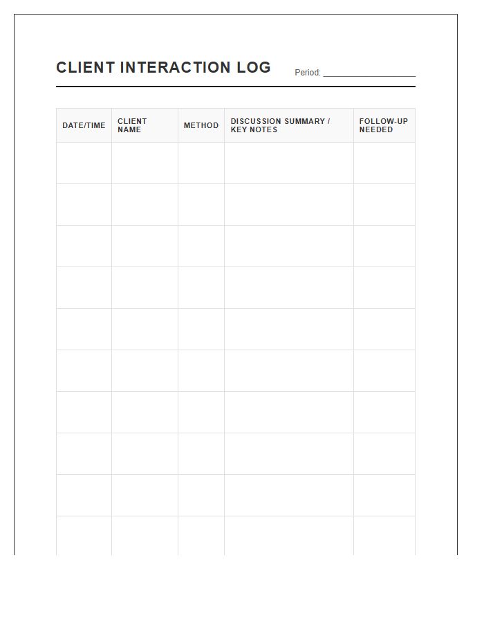 Client Interaction Log Printable Chart
