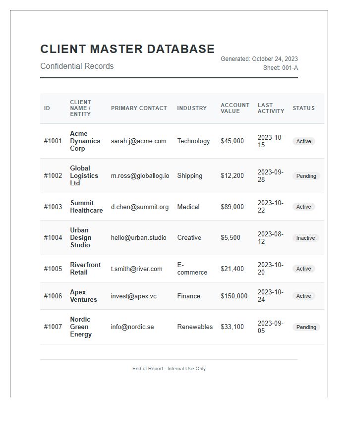Comprehensive Client Database Printable Chart