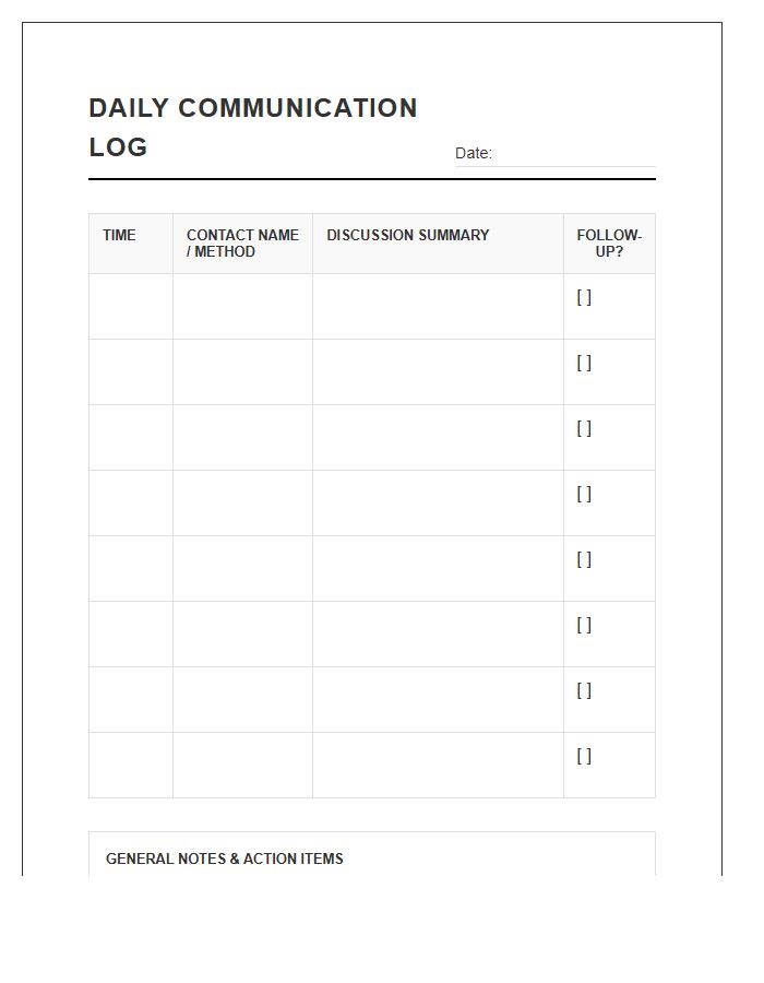Daily Communication Log Printable Chart