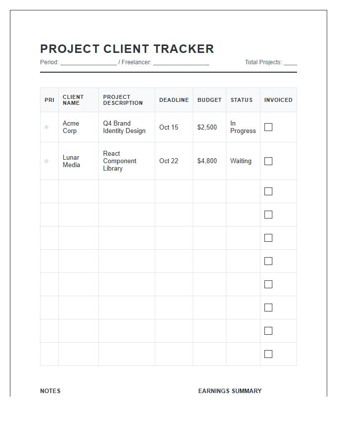 Freelance Project Client Tracker Printable Chart