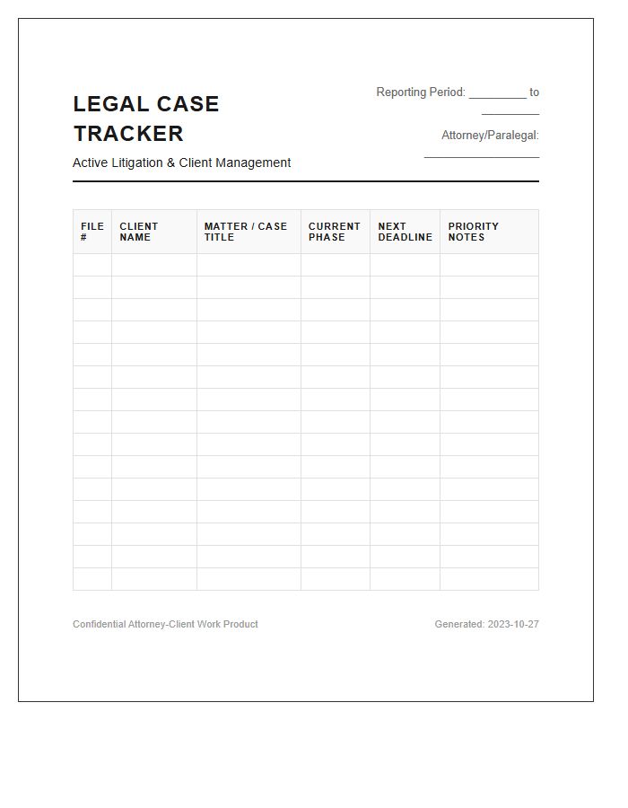 Legal Case Client Tracker Printable Chart