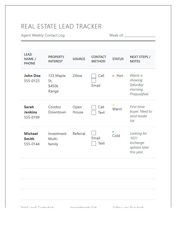 Real Estate Lead Contact Printable Chart