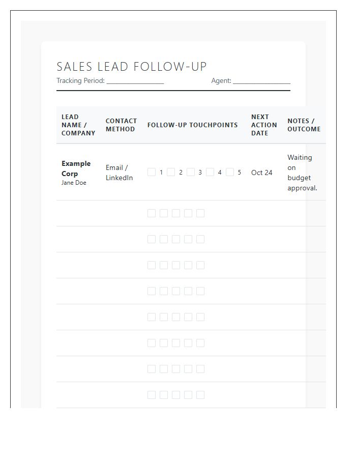 Sales Lead Follow Up Printable Chart
