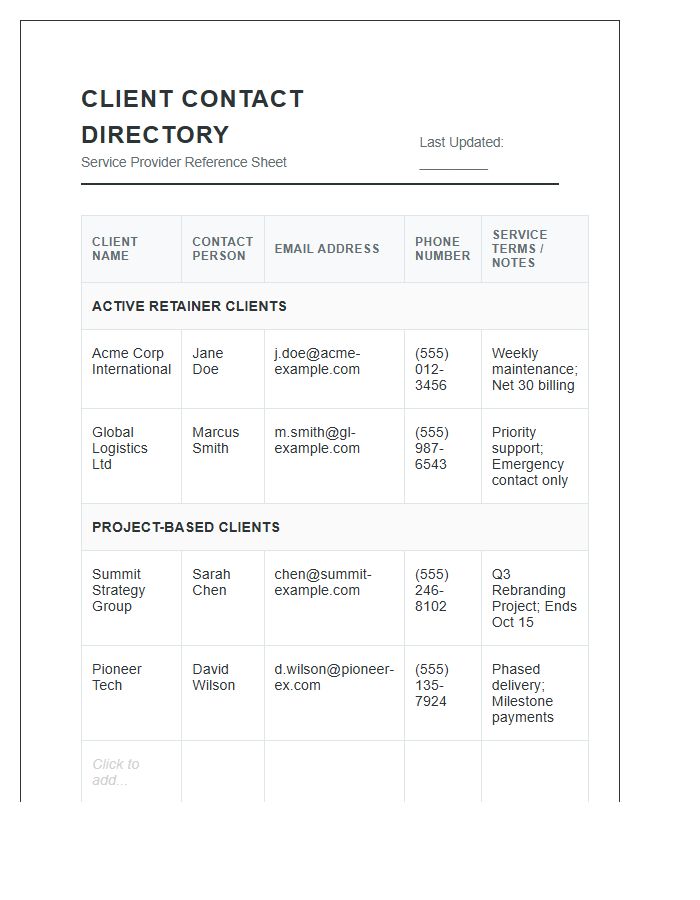 Service Provider Client Contact Printable Chart