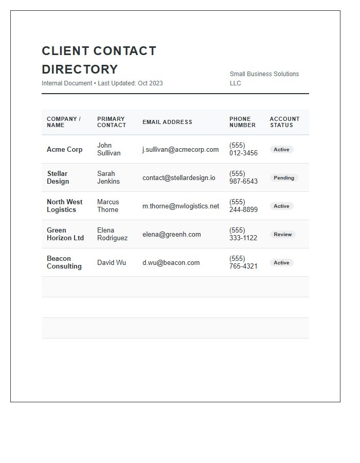 Small Business Client Contact Printable Chart