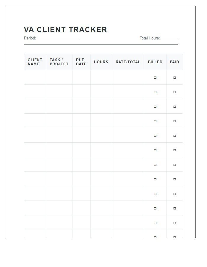 Virtual Assistant Client Tracker Printable Chart