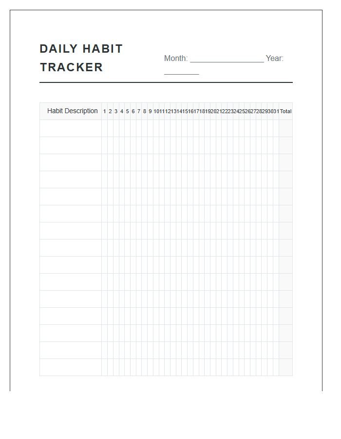 Daily Habit Tracking Printable Chart