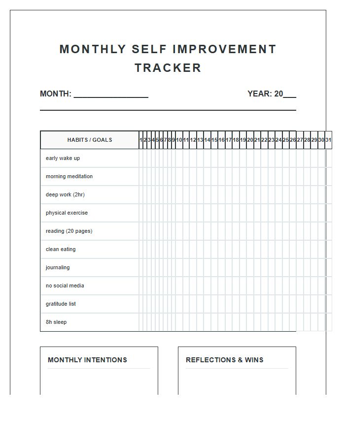 Monthly Self Improvement Printable Chart