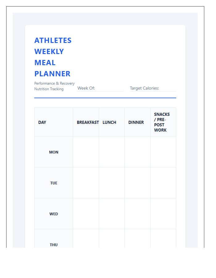 Athletes Weekly Meal Planner Calendar Printable Chart