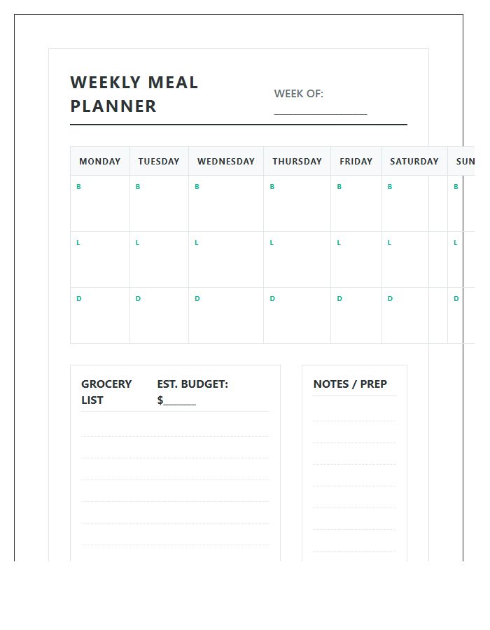 Budget Weekly Meal Planner Calendar Printable Chart