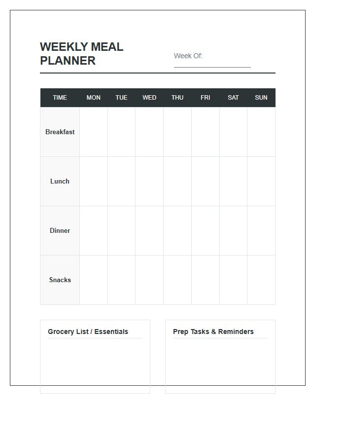 College Student Weekly Meal Planner Calendar Printable Chart