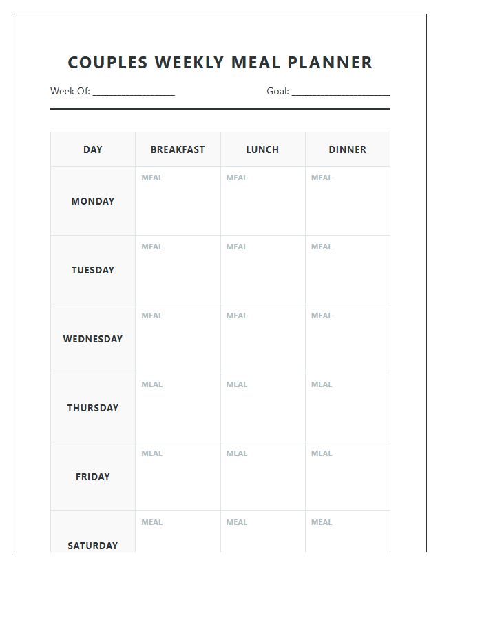 Couples Weekly Meal Planner Calendar Printable Chart