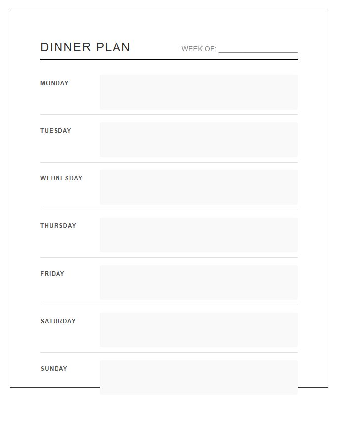 Dinner Only Weekly Meal Planner Calendar Printable Chart