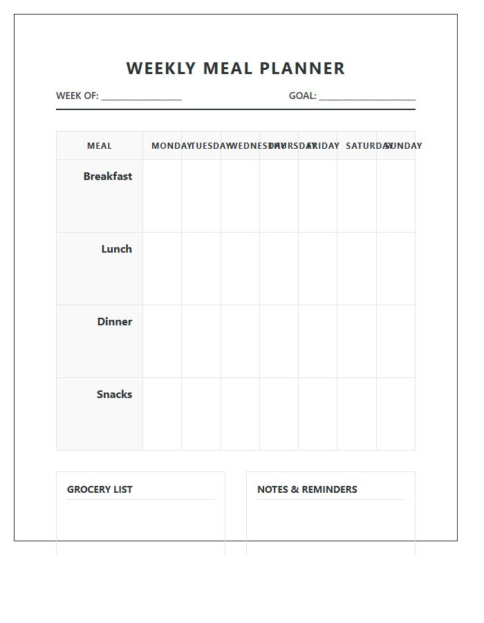Family Weekly Meal Planner Calendar Printable Chart