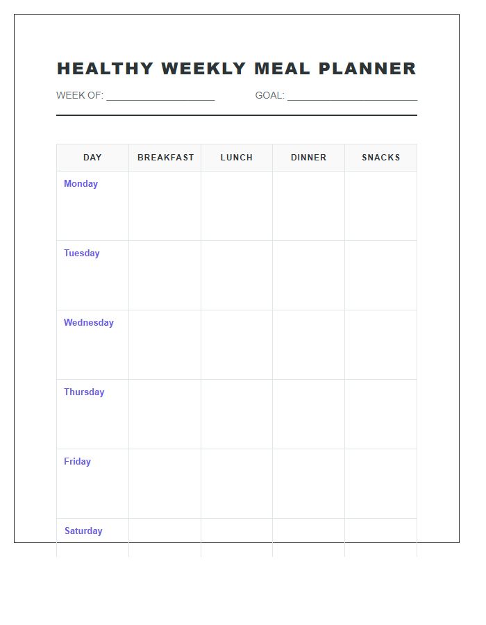 Healthy Weekly Meal Planner Calendar Printable Chart