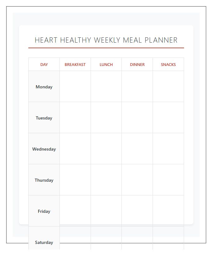 Heart Healthy Weekly Meal Planner Calendar Printable Chart