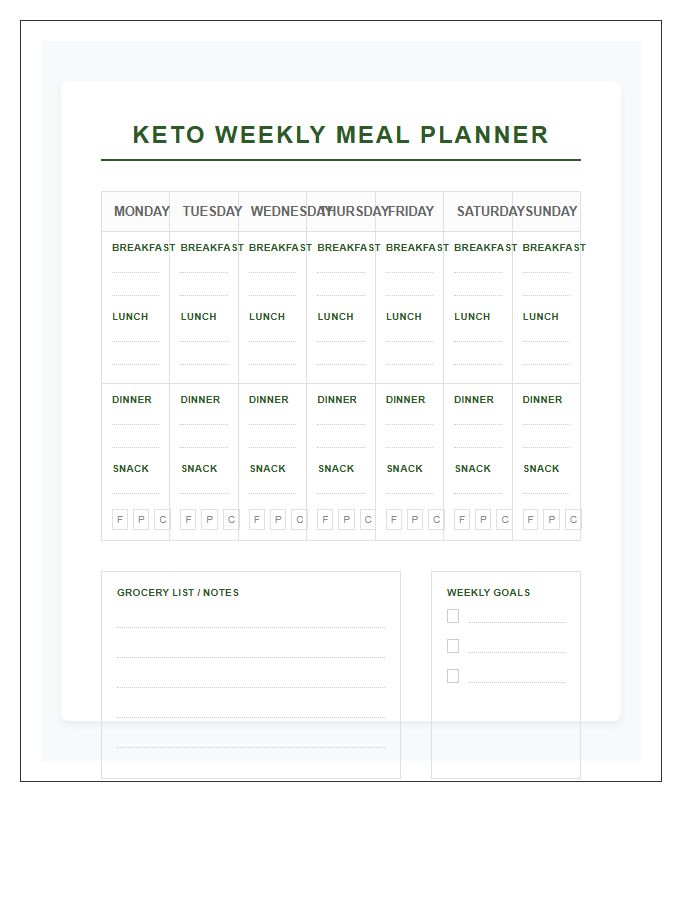 Keto Diet Weekly Meal Planner Calendar Printable Chart