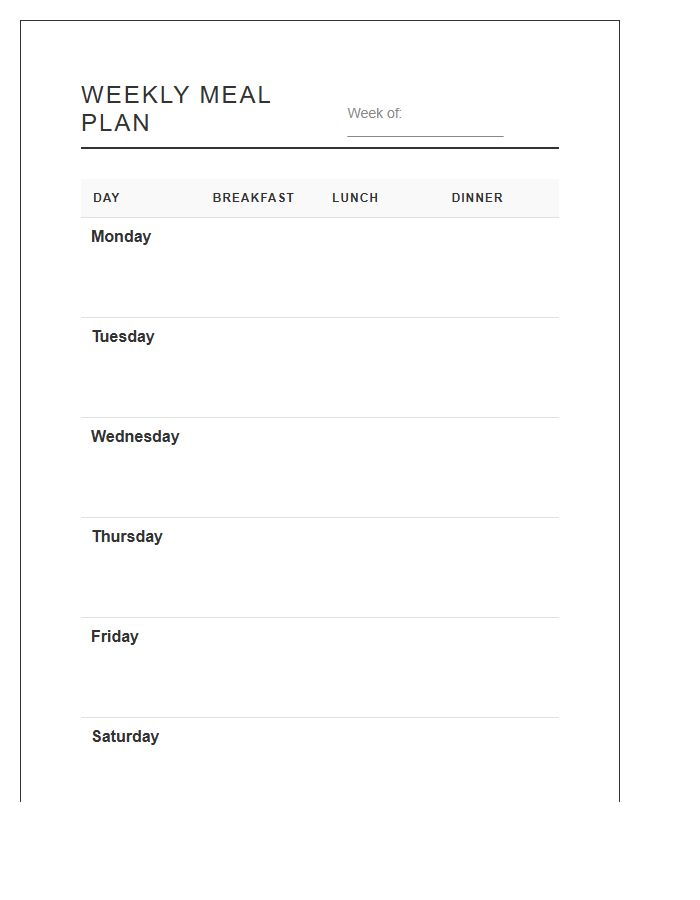Minimalist Weekly Meal Planner Calendar Printable Chart