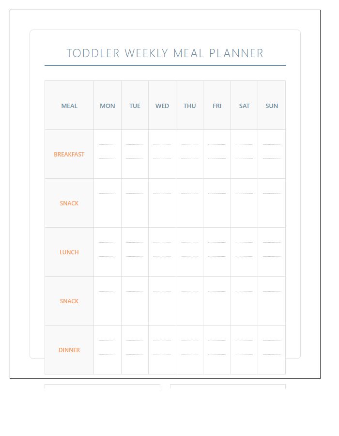 Toddler Weekly Meal Planner Calendar Printable Chart