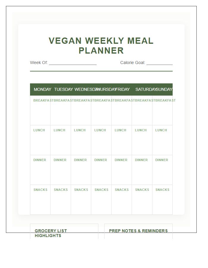 Vegan Weekly Meal Planner Calendar Printable Chart