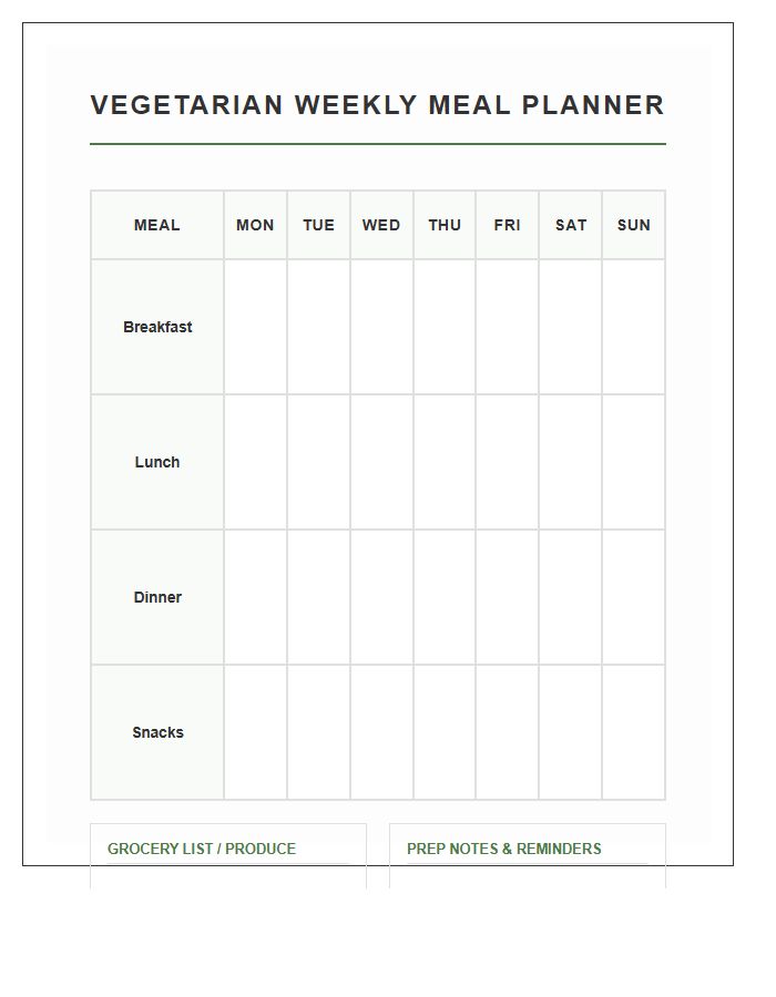 Vegetarian Weekly Meal Planner Calendar Printable Chart