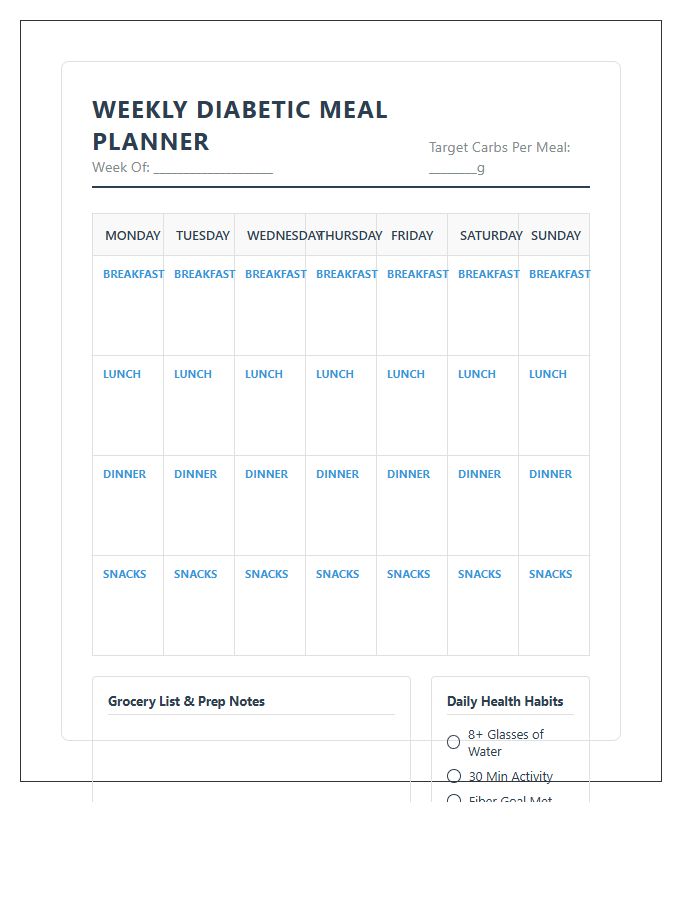 Weekly Meal Planner Calendar Printable Chart For Diabetics