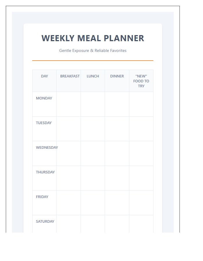 Weekly Meal Planner Calendar Printable Chart For Picky Eaters