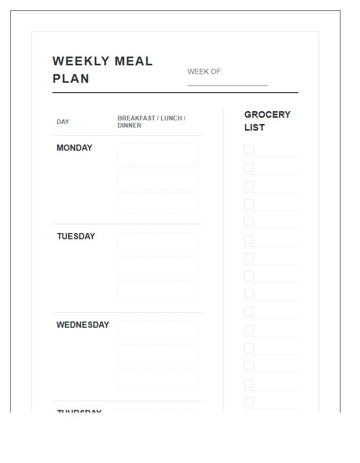 Weekly Meal Planner Calendar Printable Chart With Grocery List