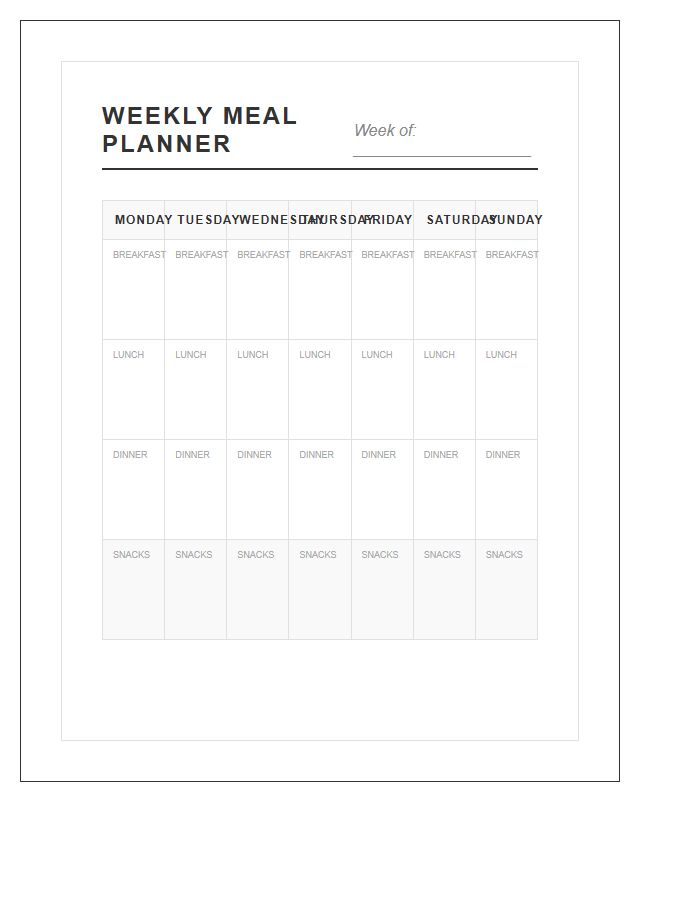 Weekly Meal Planner Calendar Printable Chart With Snack Section