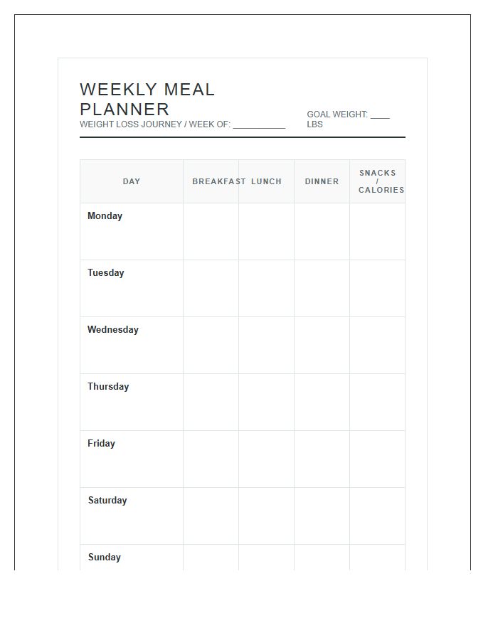 Weight Loss Weekly Meal Planner Calendar Printable Chart
