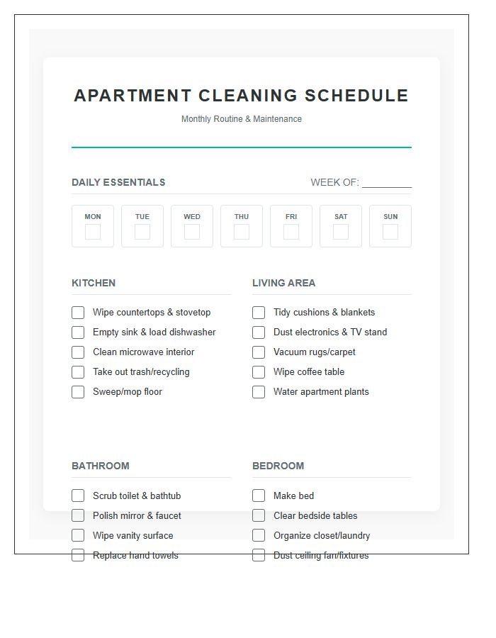 Apartment Living Cleaning Schedule Printable Layout Chart