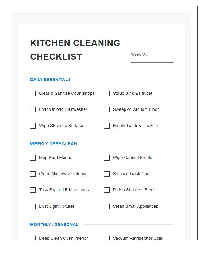 Comprehensive Kitchen Cleaning Schedule Printable Task Chart