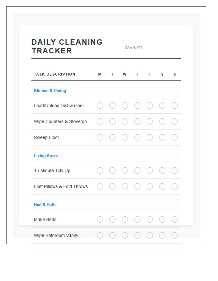Daily Household Cleaning Tasks Printable Progress Chart