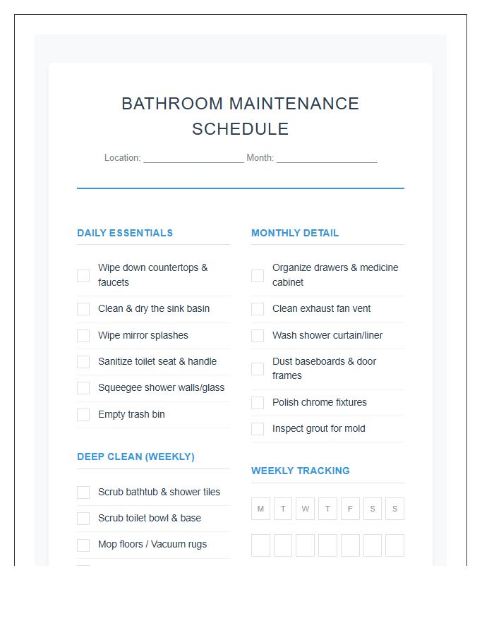 Detailed Bathroom Cleaning Schedule Printable Maintenance Chart