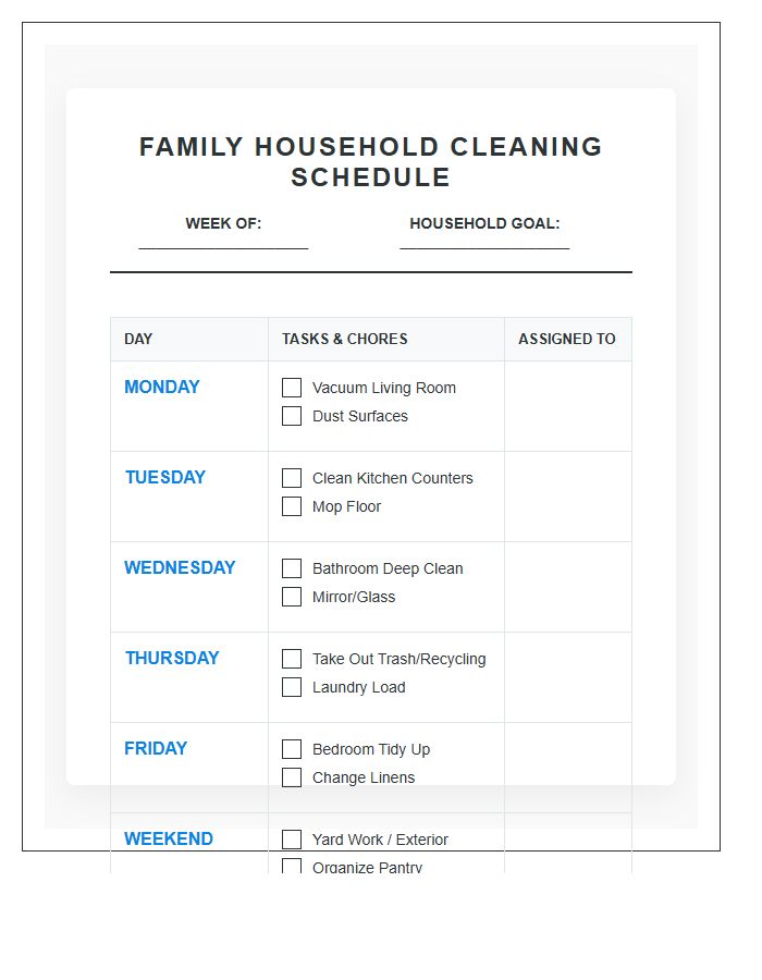 Family Household Cleaning Schedule Printable Chore Chart