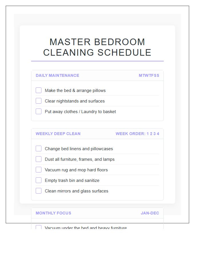 Master Bedroom Cleaning Schedule Printable Order Chart