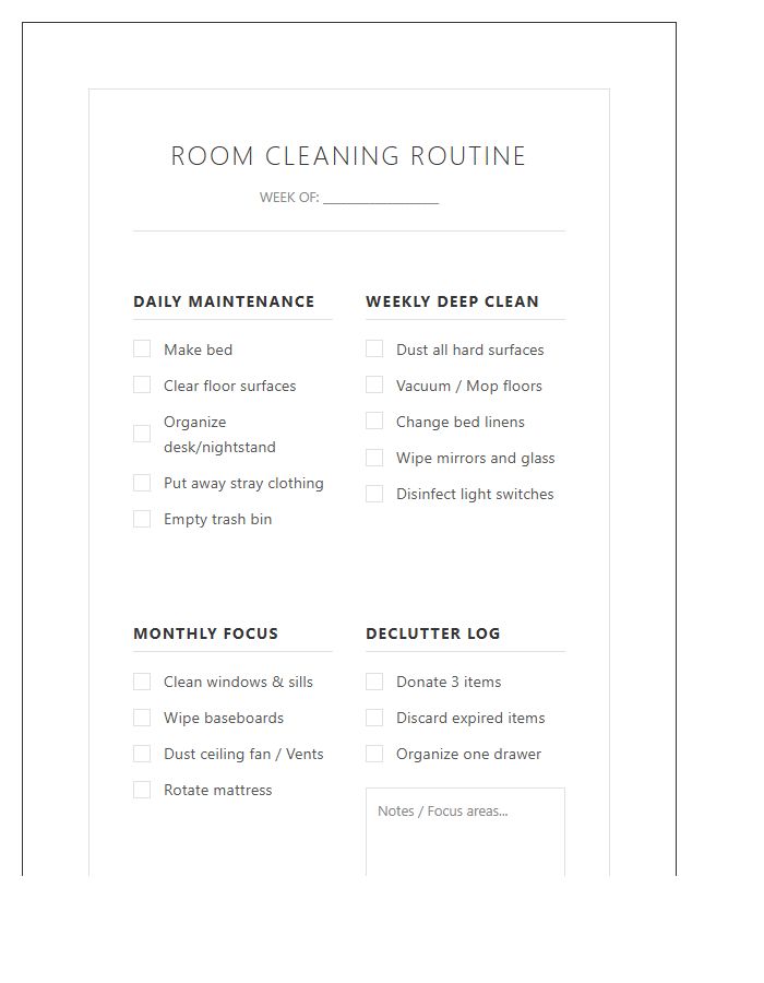 Minimalist Room Cleaning Schedule Printable Routine Chart