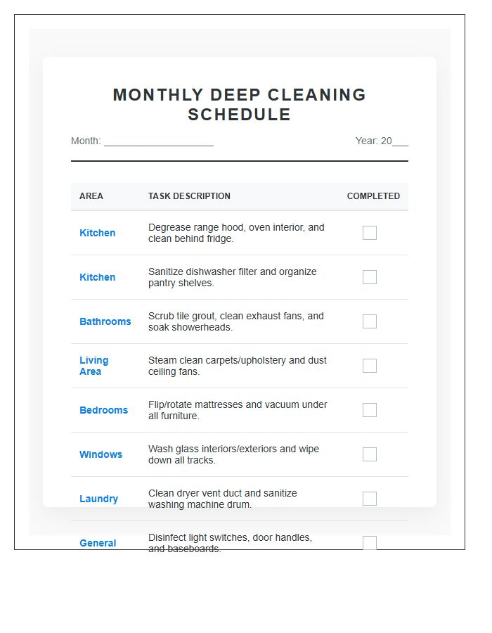 Monthly Deep Cleaning Schedule Printable Organizing Chart