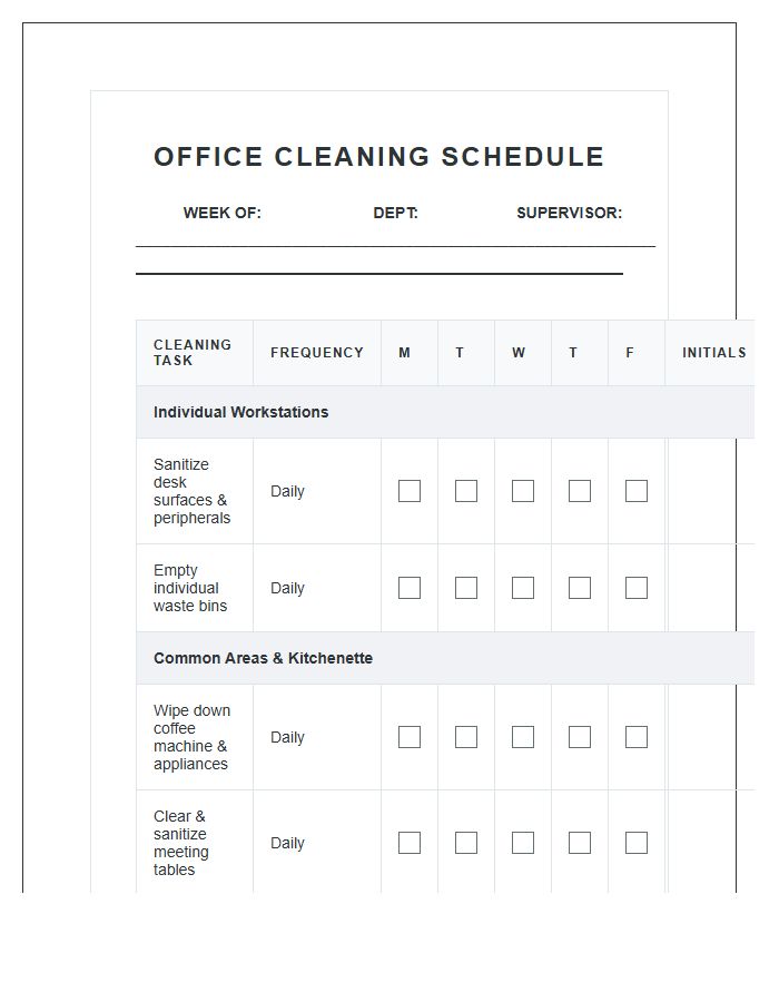 Office Workspace Cleaning Schedule Printable Duty Chart