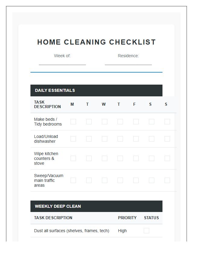 Professional Home Cleaning Schedule Printable Checklist Chart