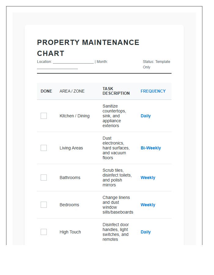 Residential Property Cleaning Schedule Printable System Chart